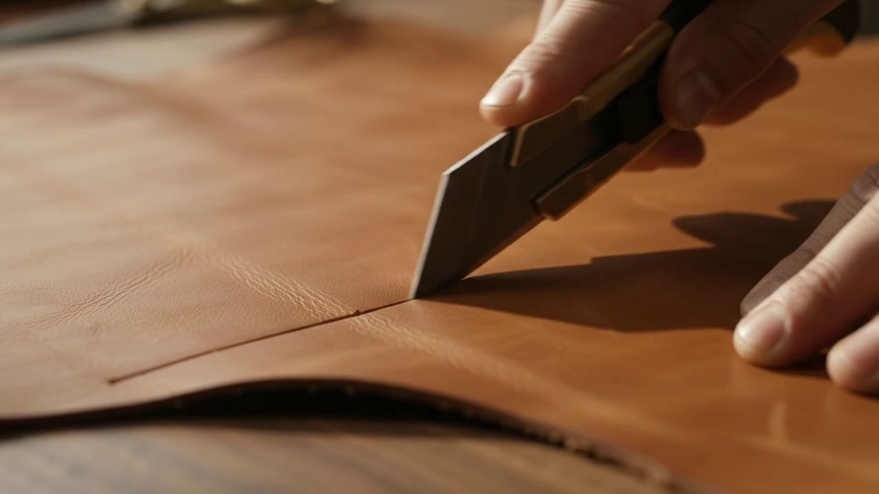 Leather being cut and stitched in a workshop (illustrative image)