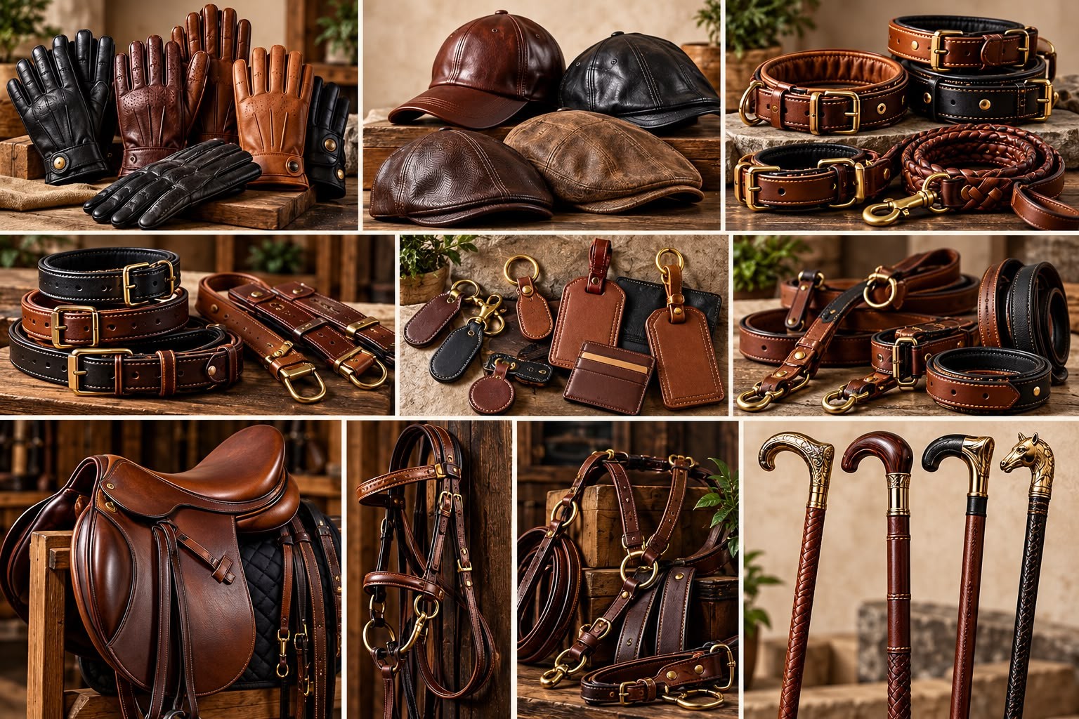 Leather gloves, caps, pet collars and a saddle (illustrative image)